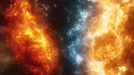Obraz premium Hyper-realistic hot vs cold fire and ice background with dynamic visual contrast of flames and crystals