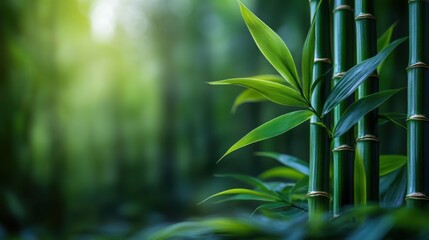 Fototapeta premium Lush green bamboo stems with leaves on a calming zen-inspired background creating a peaceful ambiance
