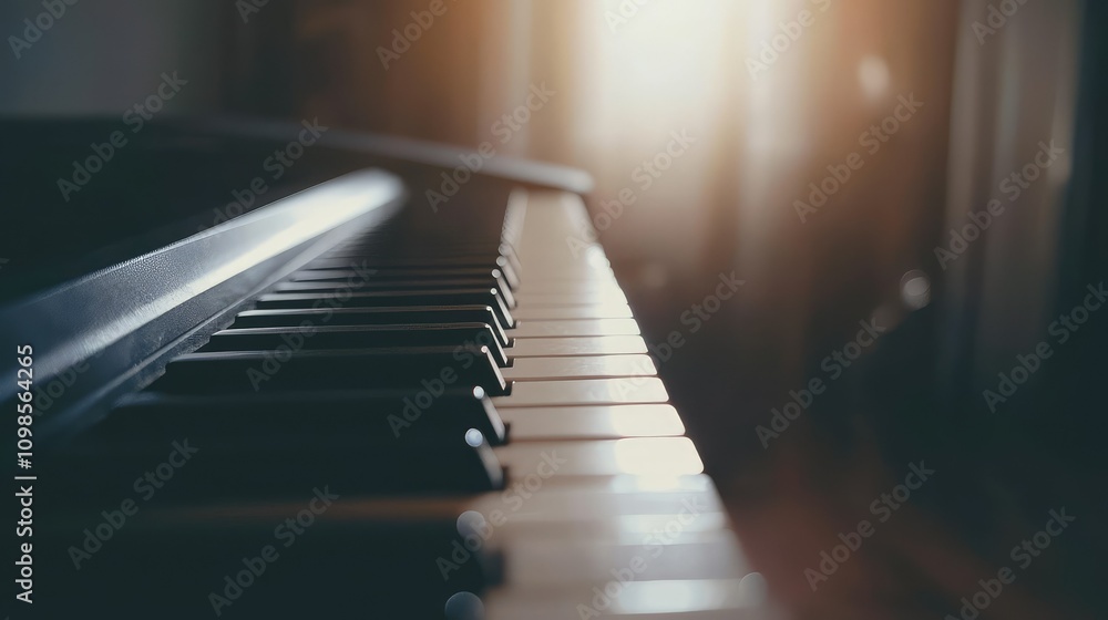 Poster minimalist music studio setting featuring a simple keyboard and soft natural light, perfect for insp