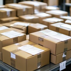 Fototapeta premium Many cardboard boxes stacked on shelf.