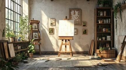 Fototapeta premium Bright and Airy Art Studio with a Single Easel and Various Painting Supplies in a Well-Lit Space Surrounded by Indoor Plants and Artworks
