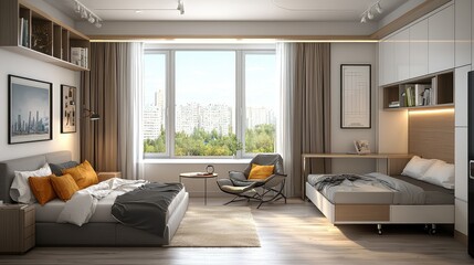 Obraz premium Modern and Functional Studio Apartment with Folding Bed and Elegant Decor, Featuring Large Windows and Inviting Natural Light in a Cozy Living Space