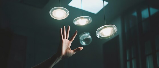 Hand reaching for glowing ceiling lights.