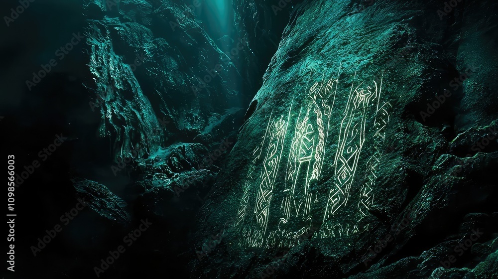 Poster mysterious carvings on deep sea rock face illuminated by enigmatic light, revealing intricate patter