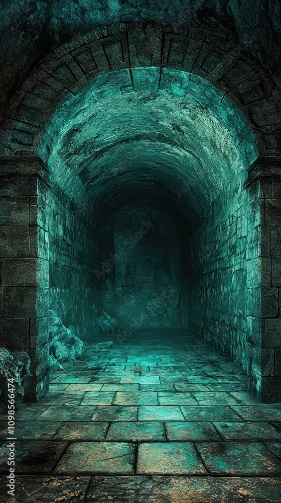 Poster mysterious dimly lit tunnel background with textured stone walls and atmospheric lighting ideal for 