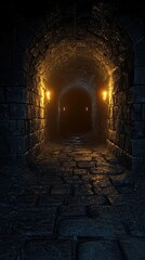 Dimly Lit Tunnel Leading into the Unknown, Inviting Mystery and Exploration Through Stone Walls and Flickering Flames, Creating a Dark Atmosphere