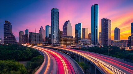 Obraz premium Urban Pulse: Night City Skyline with Bustling Highways. 