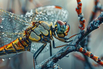Close-up of a dragonfly perched on a tree branch