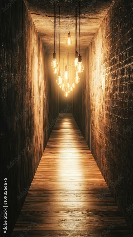 Poster mysterious narrow hallway illuminated by flickering lights with warm wood floor and textured walls c