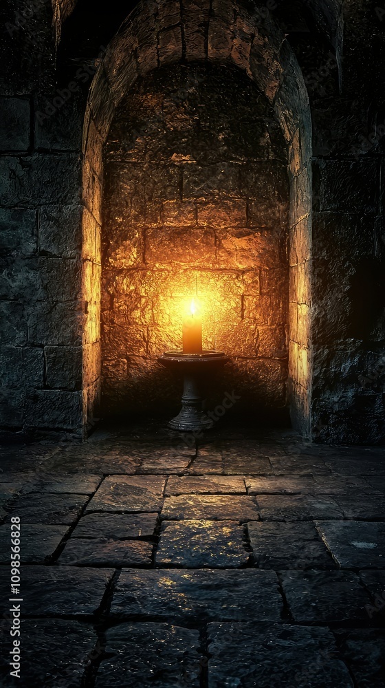 Poster mysterious candlelight flickering against dark stone walls in an enigmatic background, perfect for c