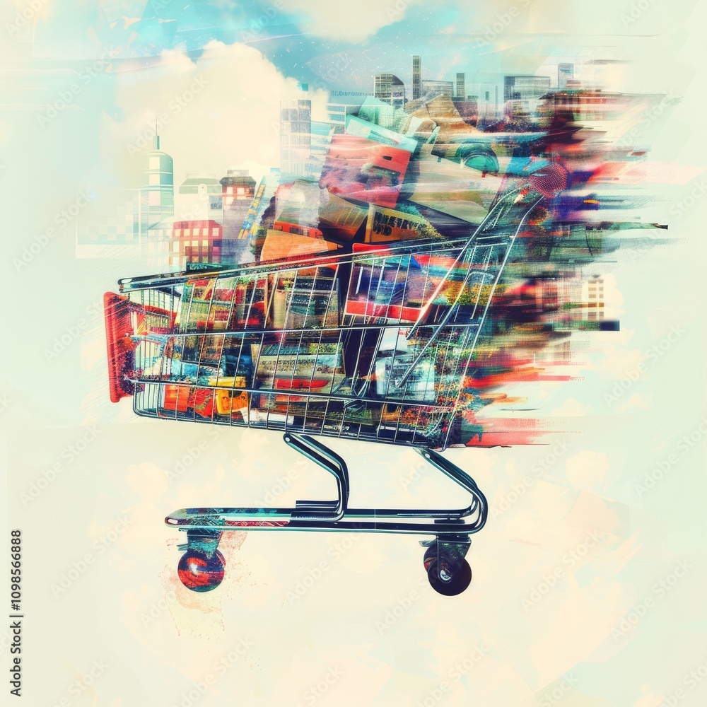 Poster a shopping cart with many items in it. the cart is moving. the cart is in front of a building