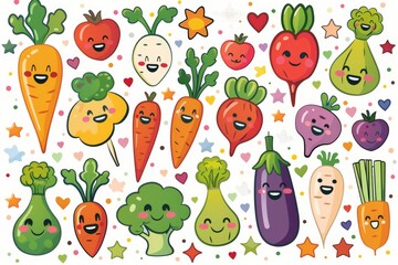 Fototapeta premium Colorful illustration of cartoon vegetables with smiling faces