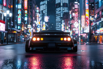 Obraz premium Neon Pursuit: Sport Racing Car in Futuristic Cityscape. 