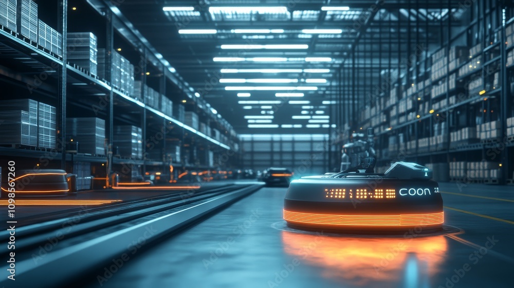 Poster automated warehouse with futuristic robots