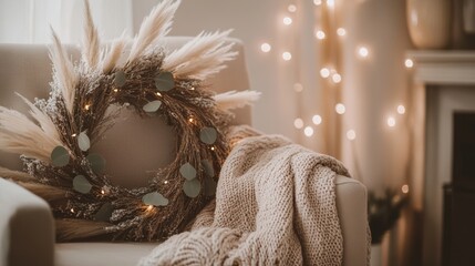 a boho-inspired Christmas setting with a wreath made of pampas grass and eucalyptus, a neutral color palette of beige and white with subtle golden