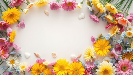 Obraz premium A Floral Frame of Vibrant Yellow, Pink, and White Flowers Surrounding a Blank White Background