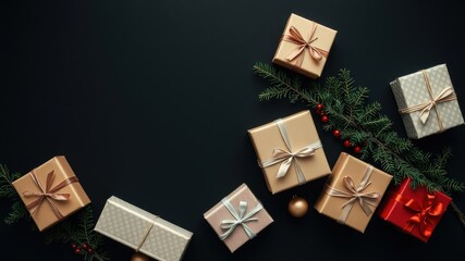 A festive arrangement of wrapped gifts with a sprig of pine and red berries, on a black background