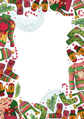 Obraz premium Ugly Christmas sweaters, hat, socks and mittens in a rectangular frame. Watercolor illustration with space for text. Background for cards and stories