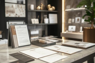 Modern office, documents, awards, elegant presentation.