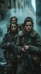 Obraz premium Fierce female warriors in retro combat setting with vintage lighting for dramatic depiction