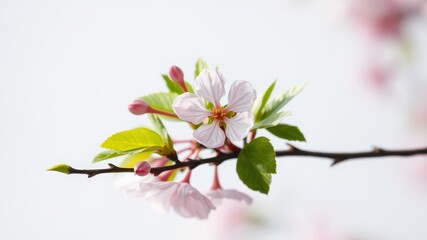 Obraz premium A Delicate Pink Blossom on a Branch with Green Leaves and Buds Against a Soft White Background