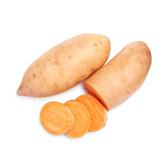 Fresh raw sweet potatoes isolated on white, top view