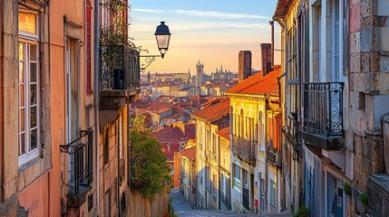 Naklejka premium Panoramic View of a Historic European City with Charming Red Roofs and Narrow Streets Captured at Sunset, Showcasing Architectural Beauty and Urban Life