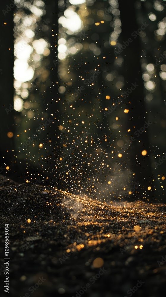 Poster floating particles of ash in the air after a campfire, captured in a serene forest setting with a ma