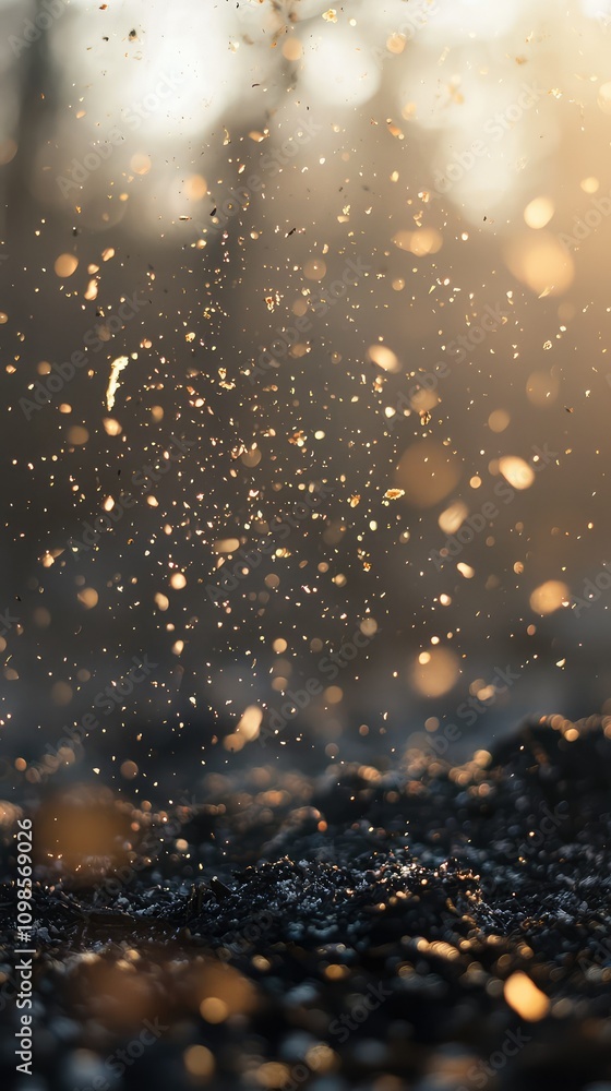 Poster particles of ash floating in the air after a campfire, creating a dreamy atmosphere with warm light 