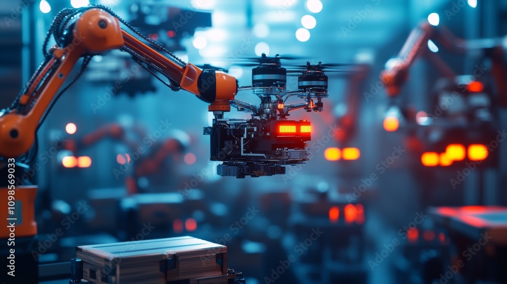 Poster automated drone delivery system in a modern factory