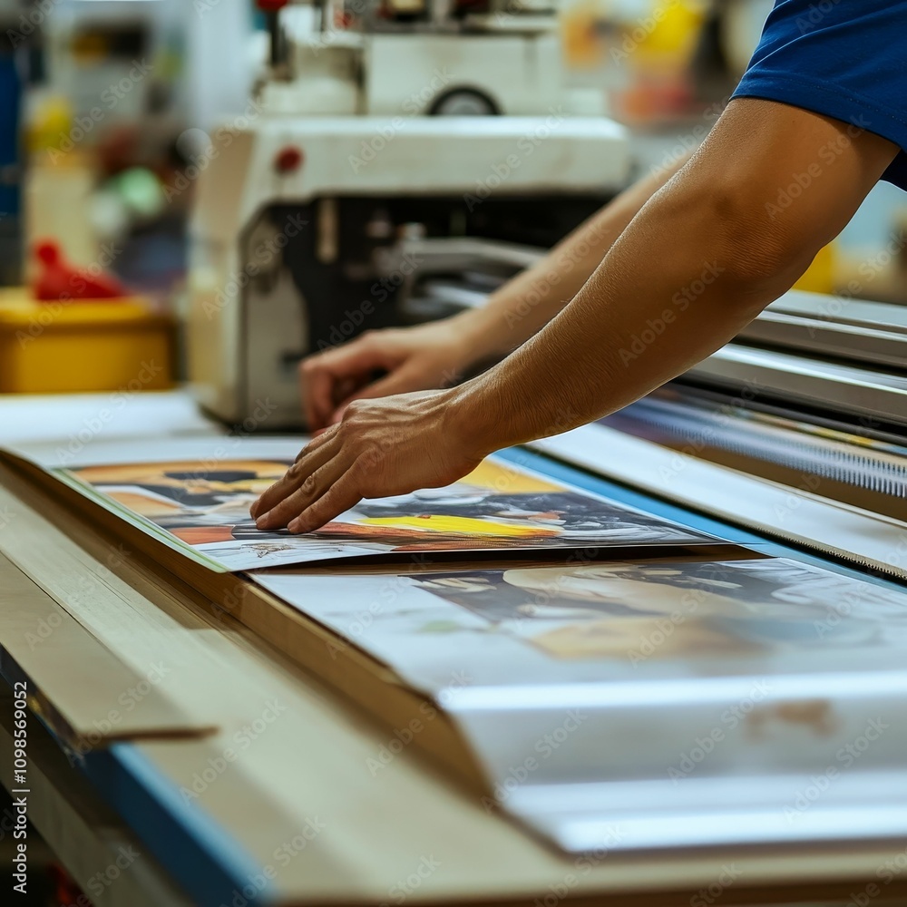 Poster worker handling colorful print on machine.