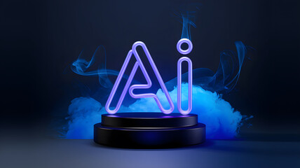 A glowing neon sign displaying the letters 'Ai' on a dark background, surrounded by blue smoke. The sign is elevated on a circular black pedestal, creating a modern and futuristic look.