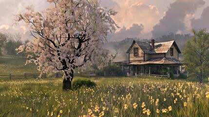 Charming rural landscape featuring a rustic house and a cherry blossom tree in a vibrant spring meadow under a cloudy sky.