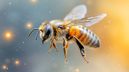 Naklejka premium The Space bee gracefully flits through the vast expanse of open space, its metallic wings glinting in the glow of distant stars as it collects cosmic nectar from interstellar flowers.
