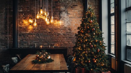 Christmas Tree in a industrial style livingroom in a modern loft