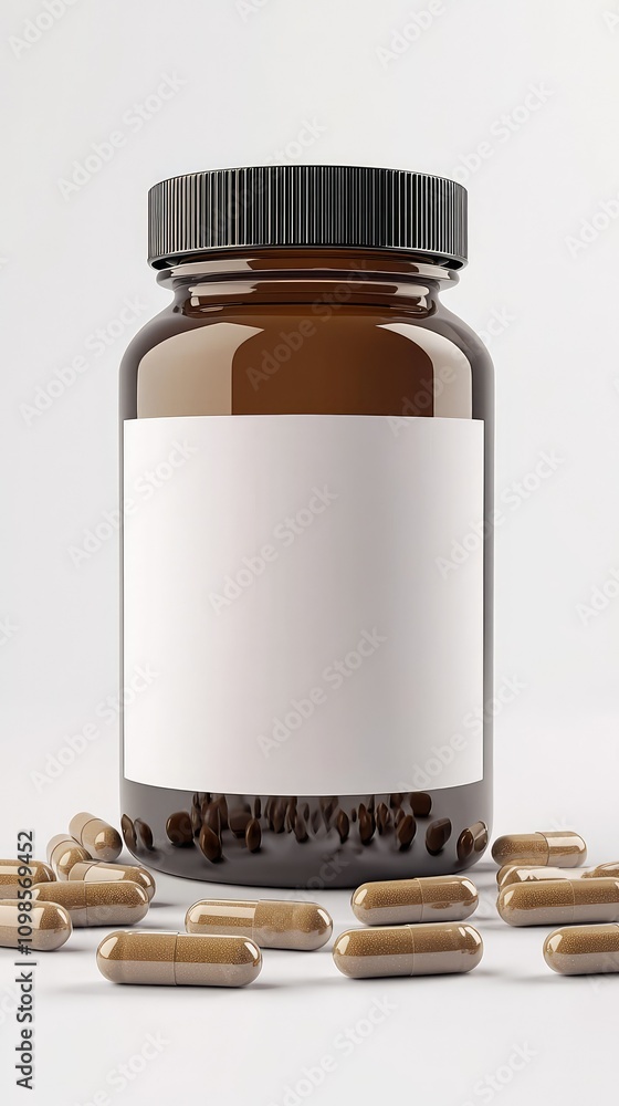 Poster blank label bottle for customization with capsules surrounding the container in a clean and minimali