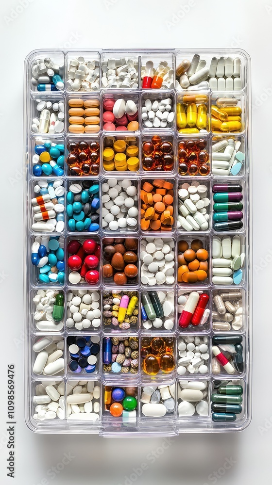 Poster colorful weekly pill organizer with various capsules and pills displayed clearly in an open containe