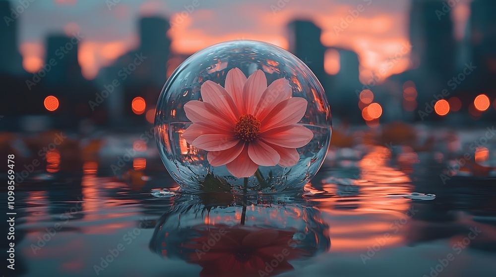 Poster beautiful pink flower inside a transparent bubble floating on a serene water surface at sunset with 