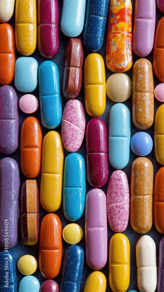 Poster colorful collection of pills displayed in various shapes and colors arranged neatly on a blue backgr