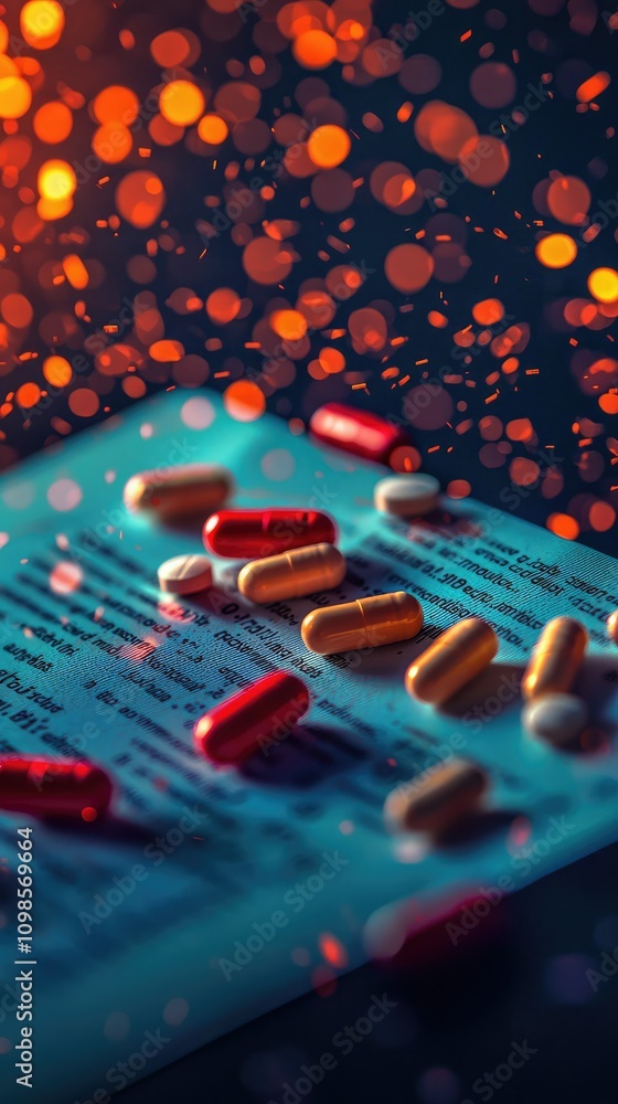 Poster scattered pills on prescription paper with blurred background and colorful bokeh effect, capturing t