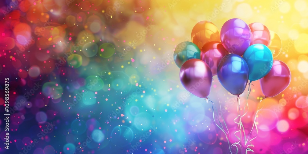 Poster a bunch of colorful balloons floating against a vibrant bokeh background with sparkling lights and g