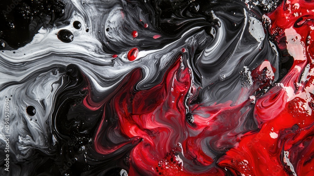 Poster swirling red and black ink mixing in water, creating abstract patterns with dark shadows and vibrant