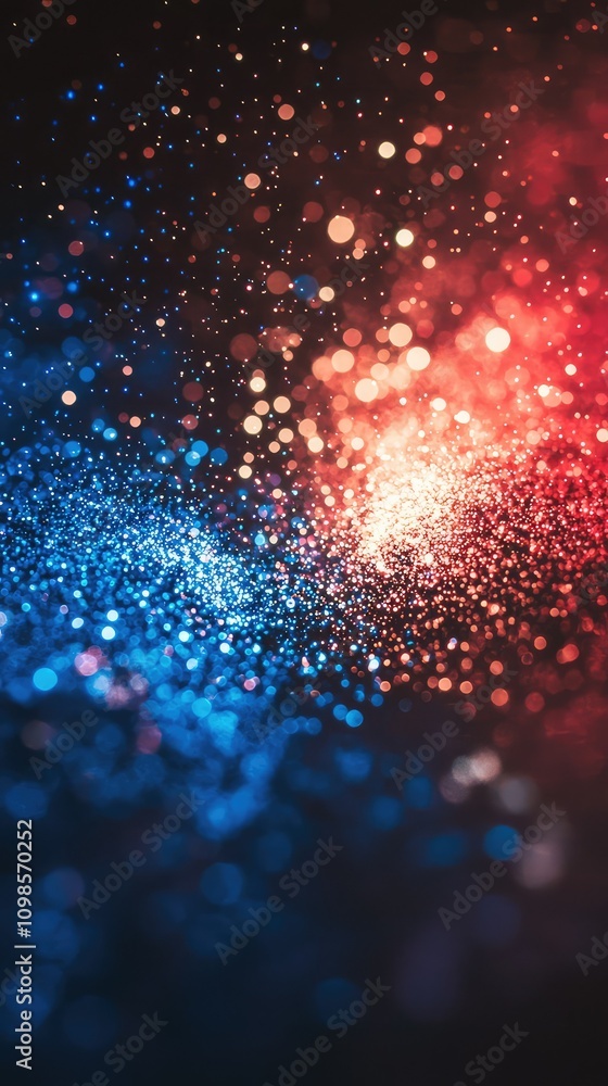 Poster merging red and blue light particles creating a dynamic visual display of colorful bokeh effects for