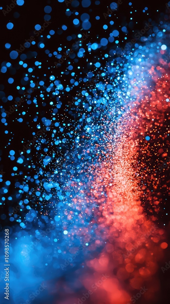 Poster vibrant merging particles of red and blue light creating an ethereal glow in a dark background with 