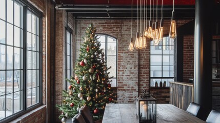Christmas Tree in a industrial style livingroom in a modern loft