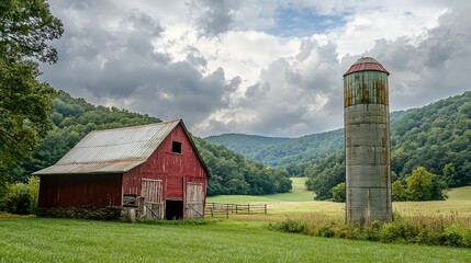 Scenic Red Barn with Silo under a Cloudy Sky Surrounded by Lush Green Fields and Rolling Hills in a Picturesque Countryside Landscape