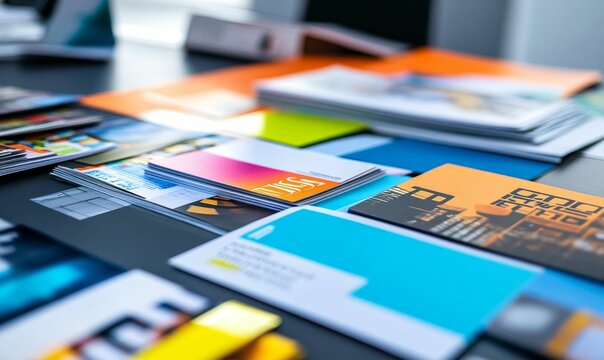 Colorful brochures stacked on a dark table.