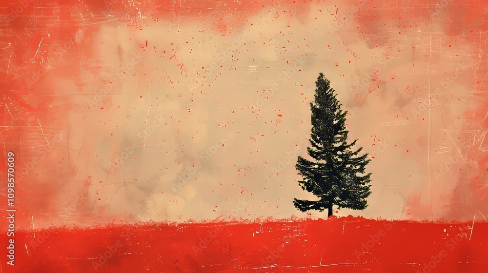 Poster a lone pine tree stands against a vivid red landscape with an abstract background, creating a striki