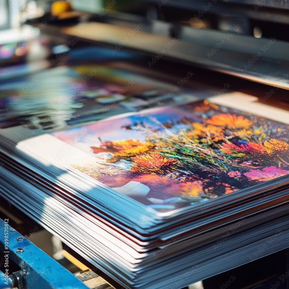 Poster stack of colorful prints exiting printing machine.
