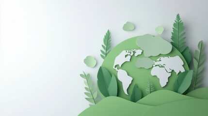 A pure white background featuring a green environmental impact report, symbolizing corporate responsibility and sustainability assessment, Simplified flat paper art illustration of